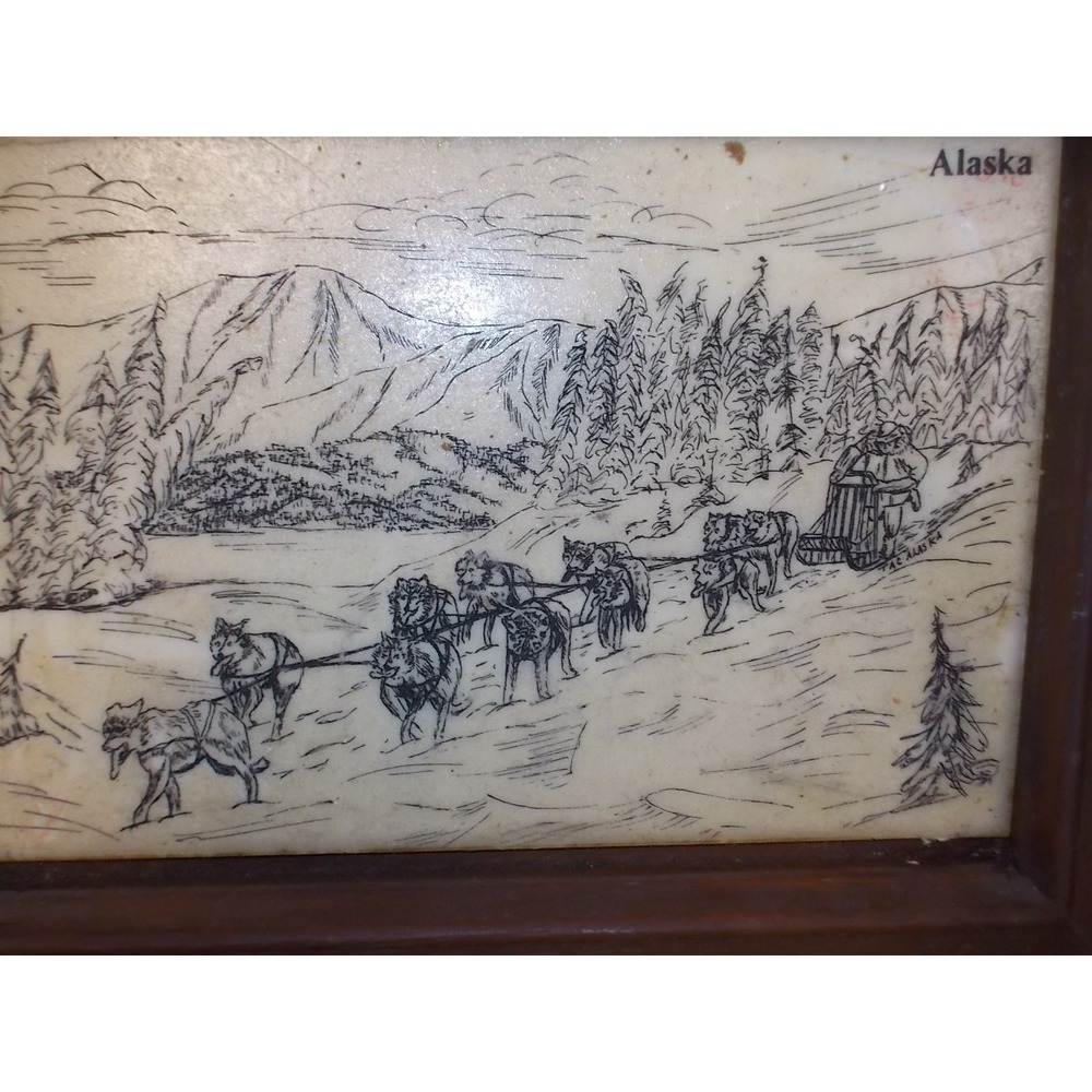 Vintage Alaska Dog Sled Scrimshaw Style Art Framed Mountain Landscape Decor - Picture 2 of 4